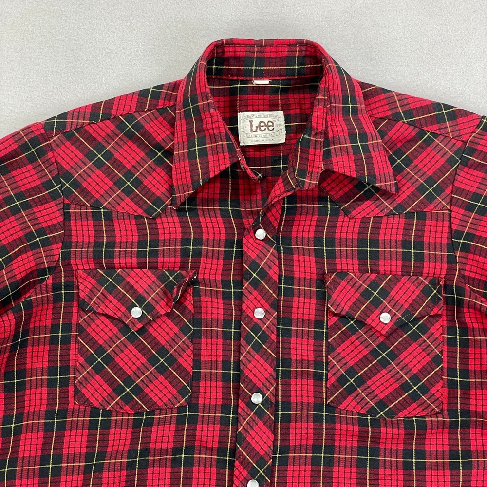 VTG 60s-70s LEE Western Shirt Mens Large Red Tartan Plaid Pearl Snap Rodeo USA